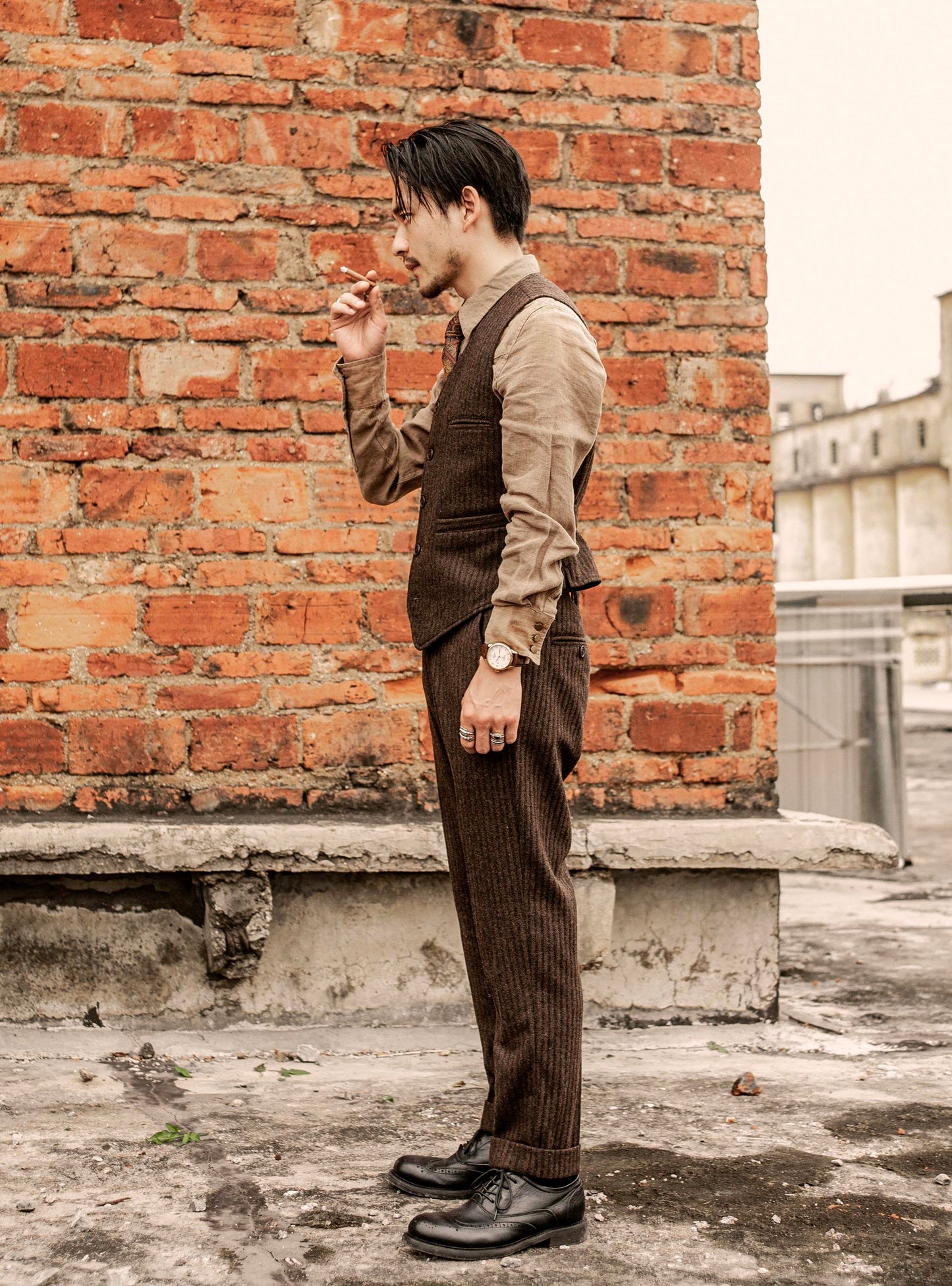 British retro wool trousers for men, vintage striped tweed casual straight-leg nine-point trousers