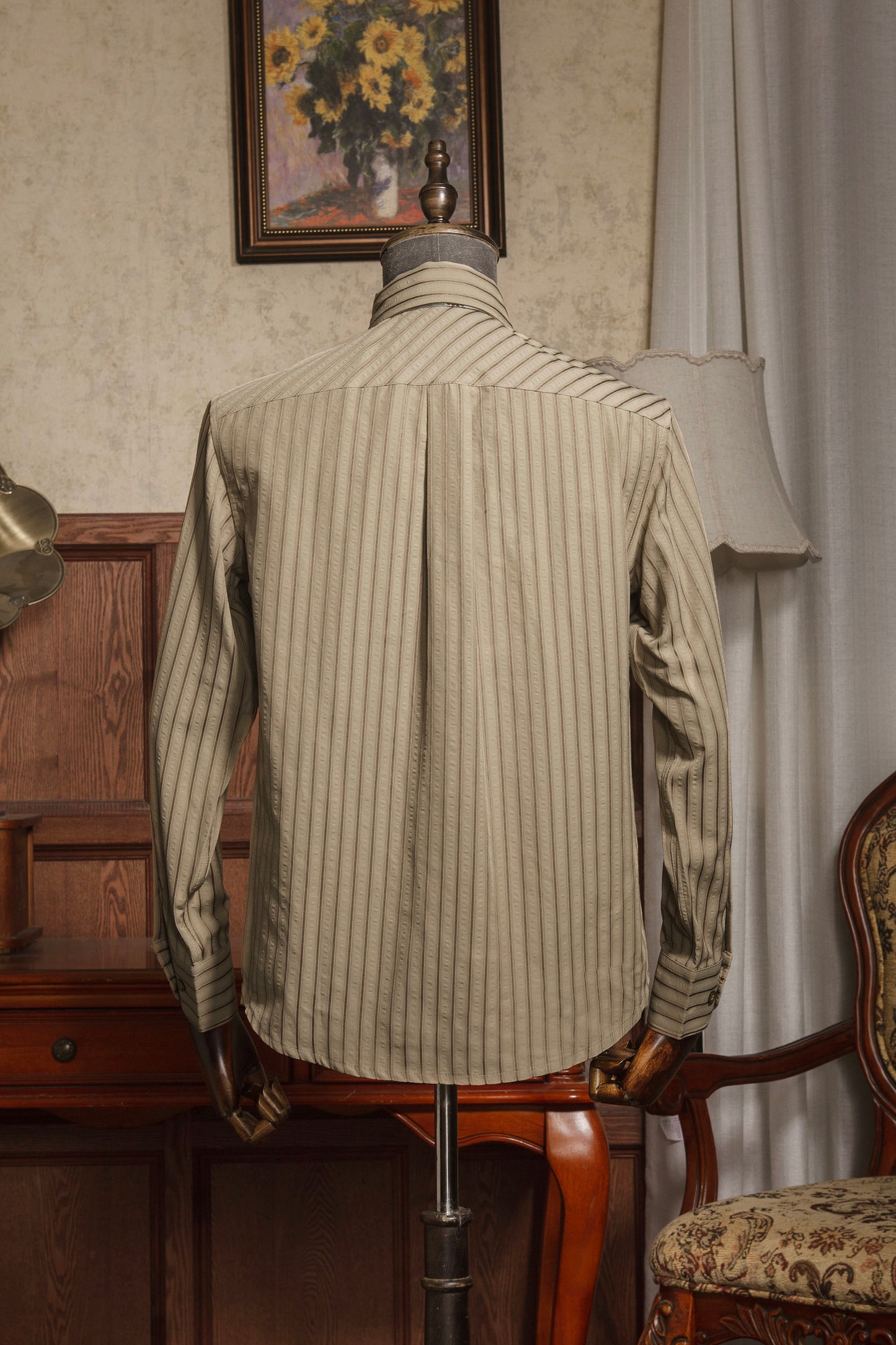 British retro style striped suit shirt men's seersucker non-iron anti-wrinkle business slim long-sleeved shirt