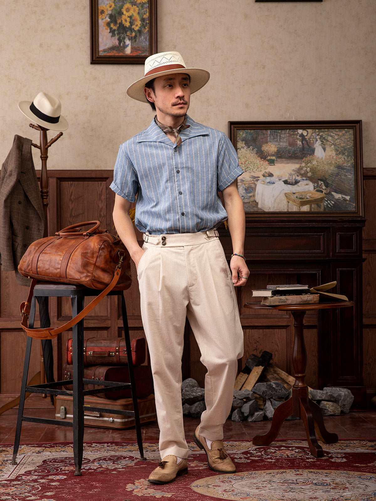 Men's Italian Naples striped short-sleeved shirt Swallow collar business formal cotton and linen short-sleeved shirt
