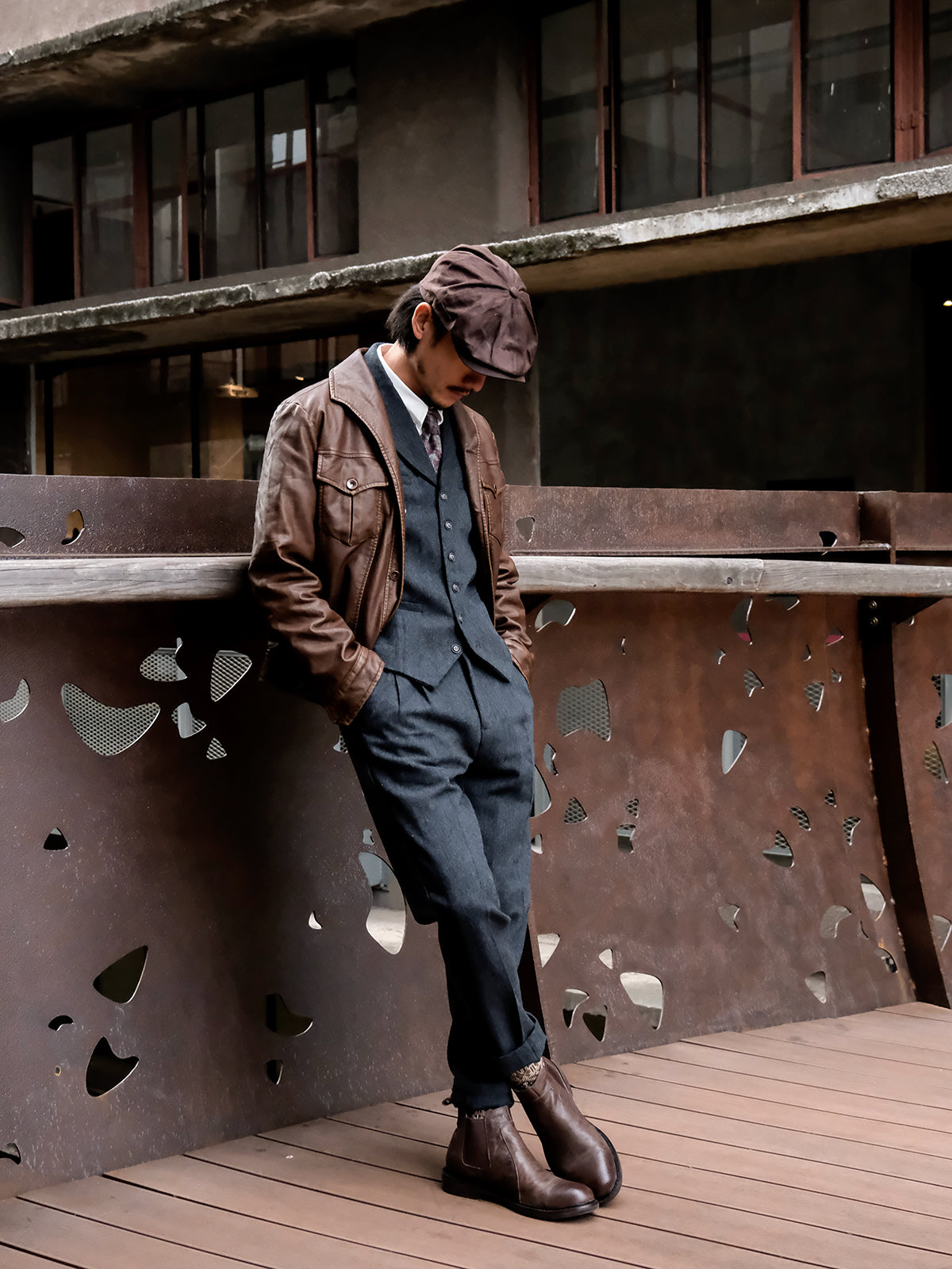 American retro style leather jacket for men Ami Khaki one piece collar workwear motorcycle jacket