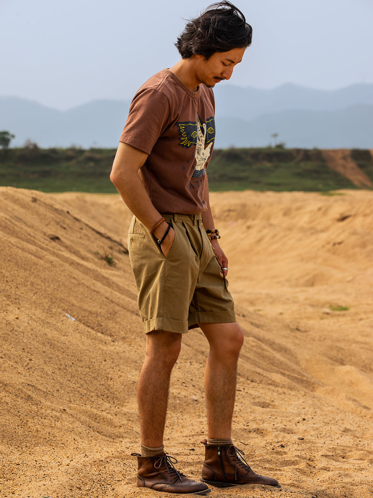 American retro style work shorts men's Ami khaki summer thin cotton straight loose shorts