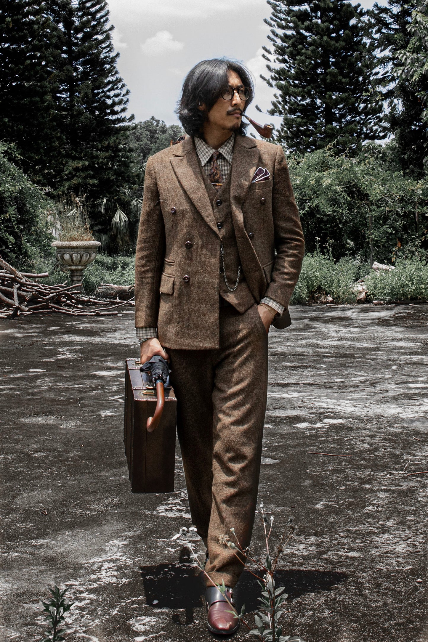 British retro style double-breasted suit for men wool herringbone pattern business casual slim-fit suit jacket