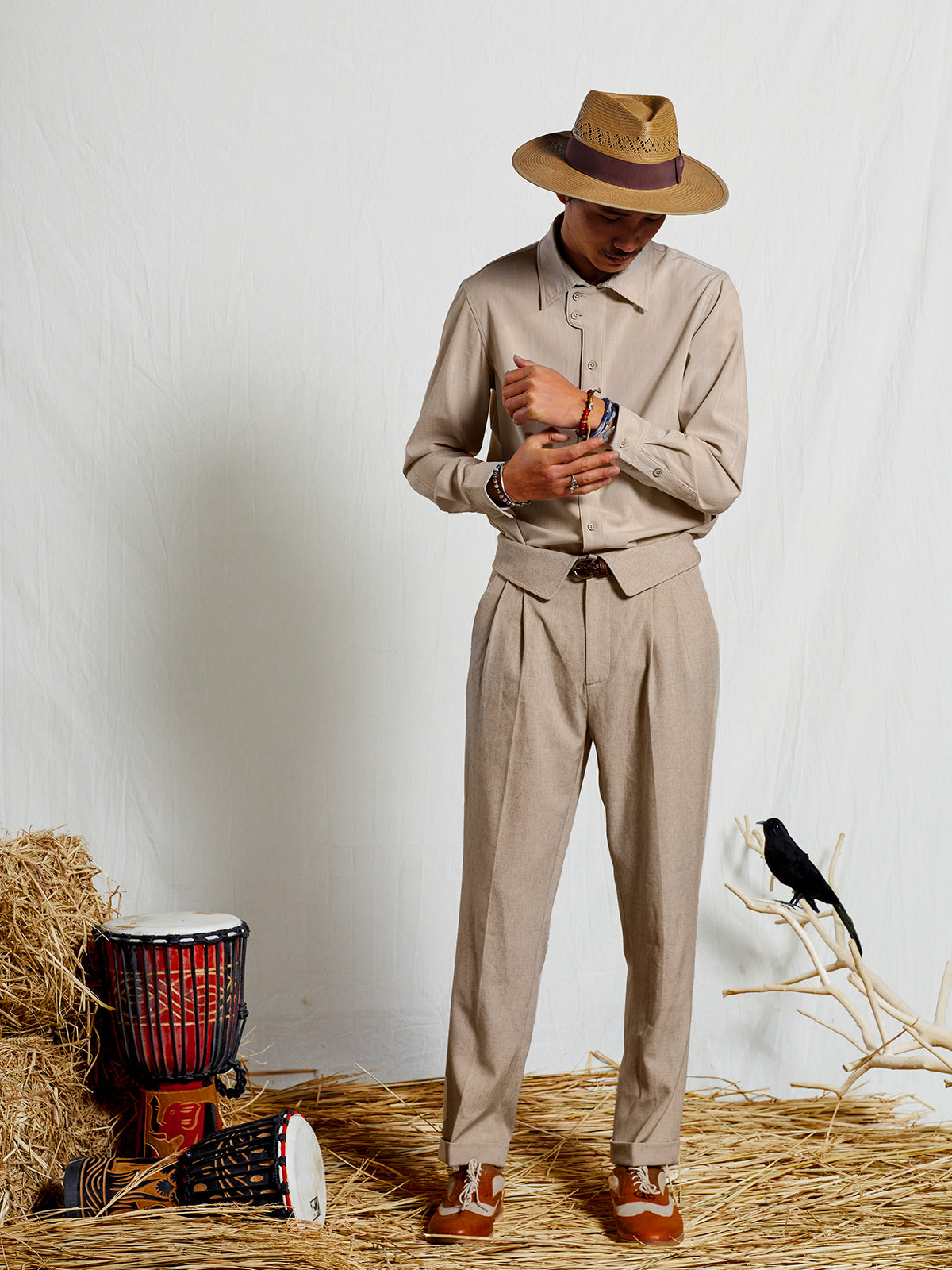 British style retro linen 9-point trousers for men ruffled and handsome casual straight 9-point high waist suit trousers