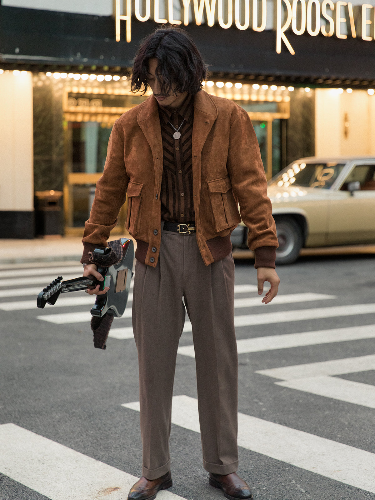 American retro style suede jacket for men Ami Khaki motorcycle wear casual loose deerskin jacket