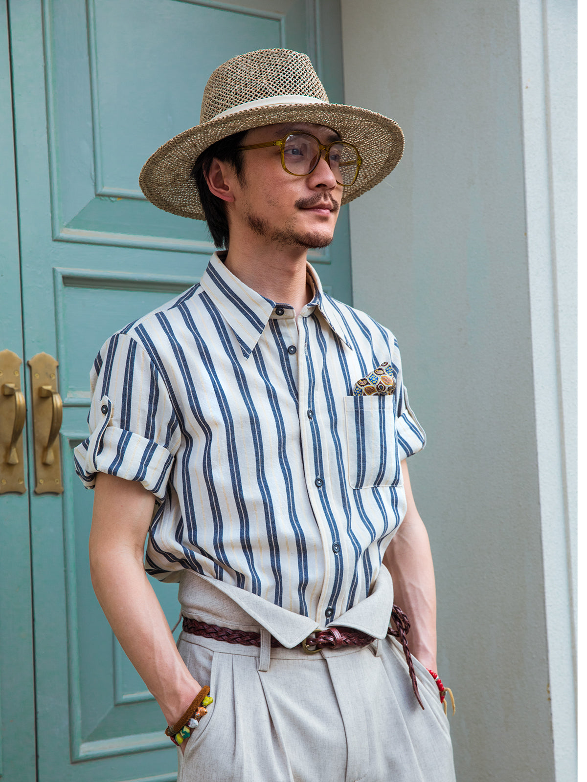 British retro style striped short-sleeved shirt for men high-end luxury business formal wear gentleman's mid-sleeve shirt