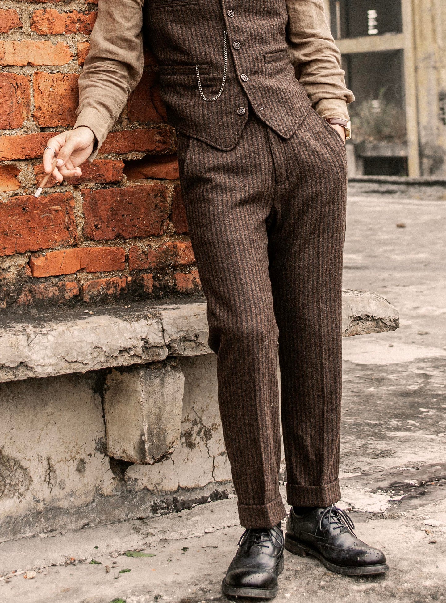 British retro wool trousers for men, vintage striped tweed casual straight-leg nine-point trousers