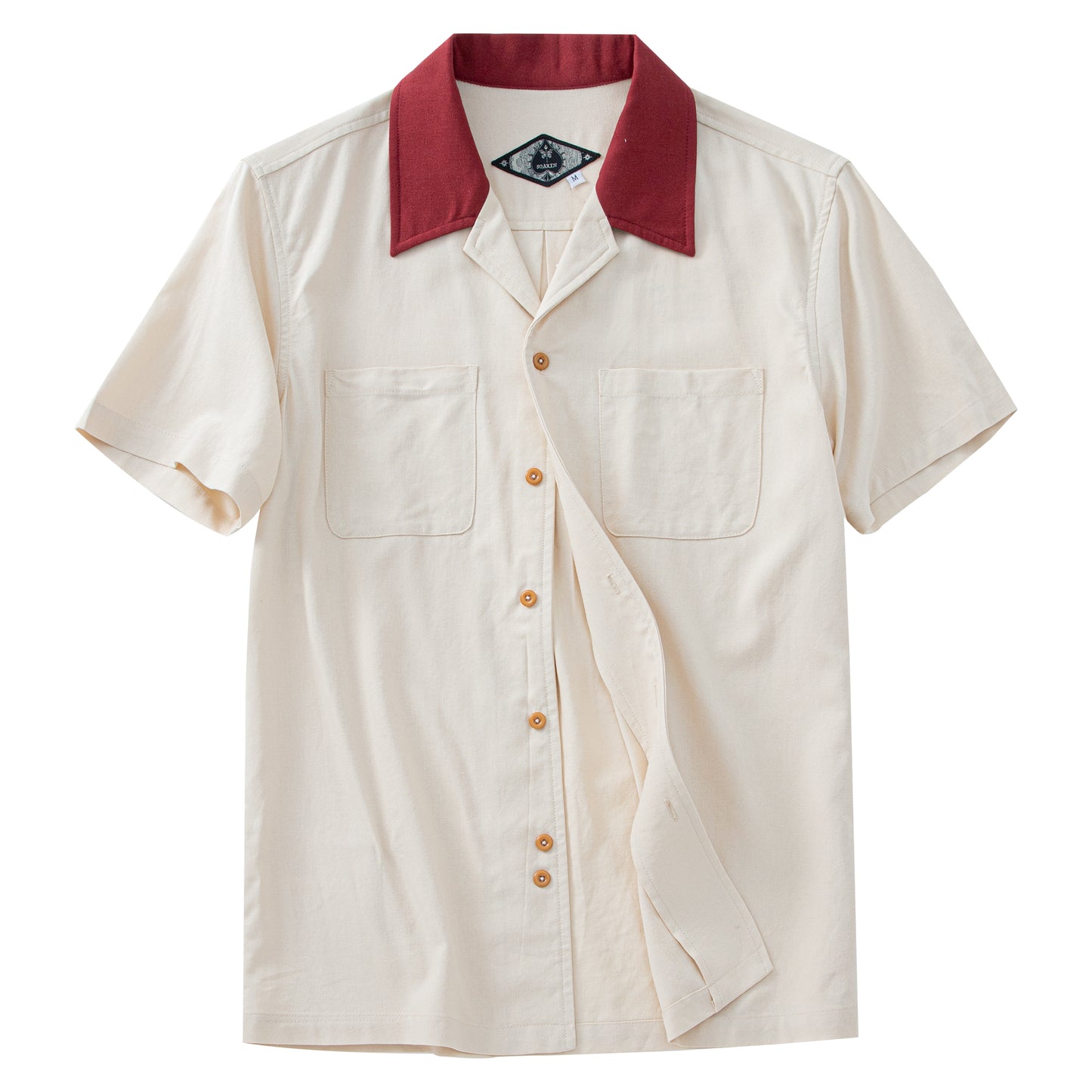British retro style Cuban collar short-sleeved shirt men's stitching linen casual double pocket short-sleeved shirt