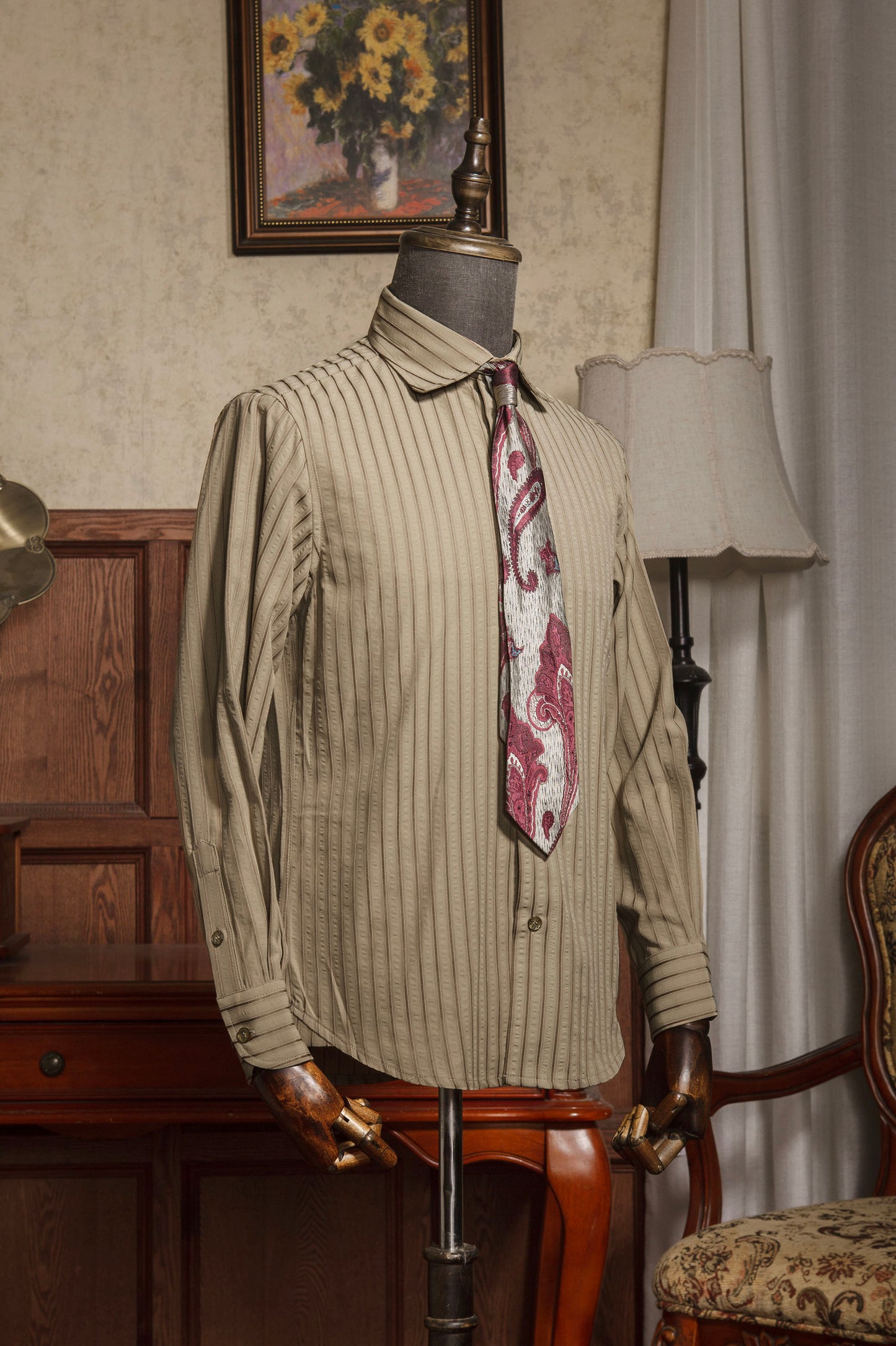 British retro style striped suit shirt men's seersucker non-iron anti-wrinkle business slim long-sleeved shirt