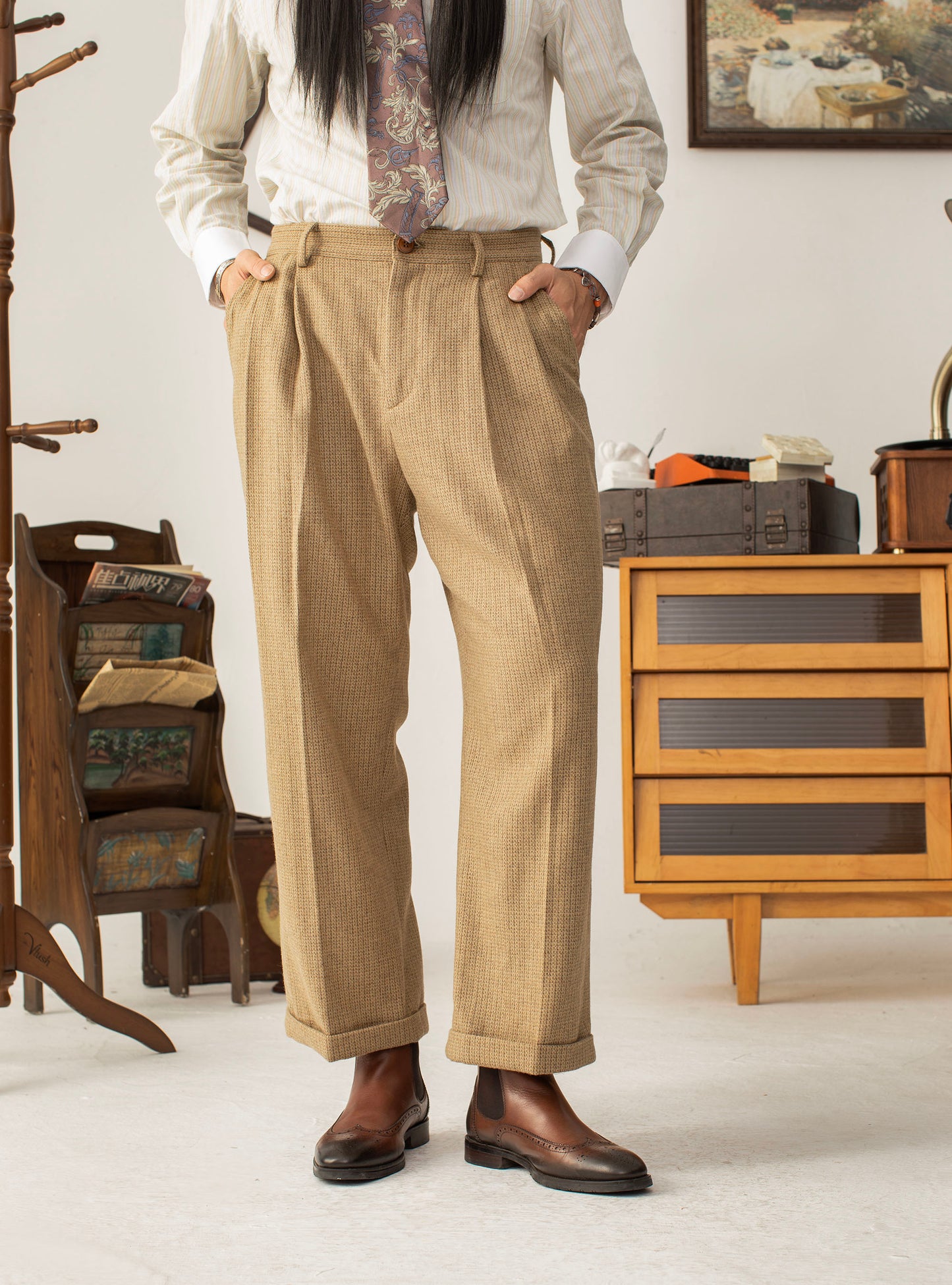 British retro style wool straight suit pants men's autumn and winter high-end business casual plaid trousers