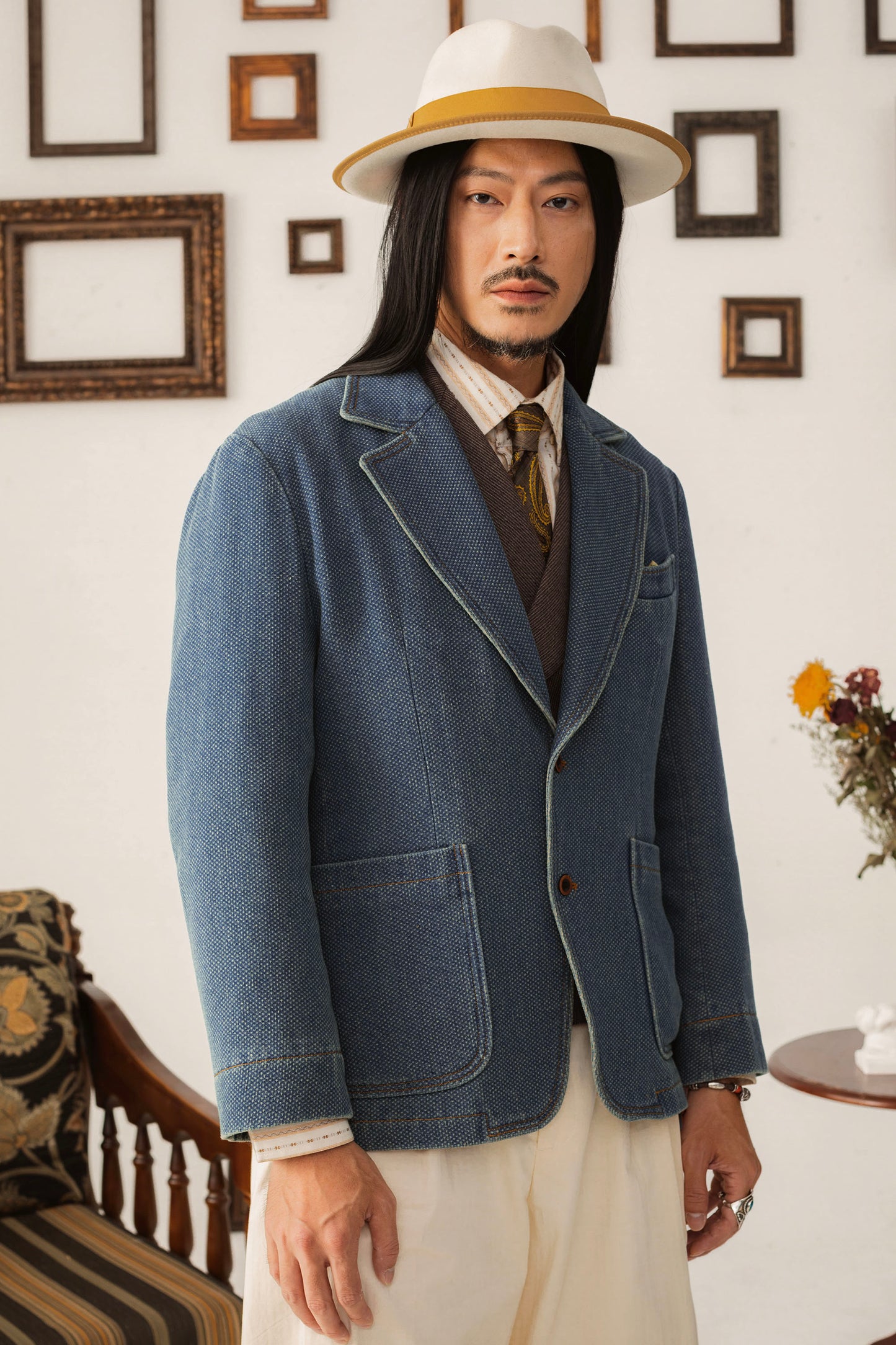 Waffle American retro denim suit jacket for men High-end casual slim-fit single suit