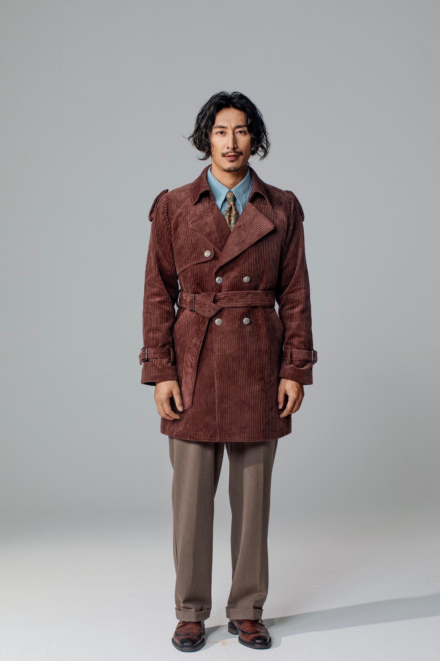 British style retro mid-length coat for men Winter corduroy casual loose trench coat