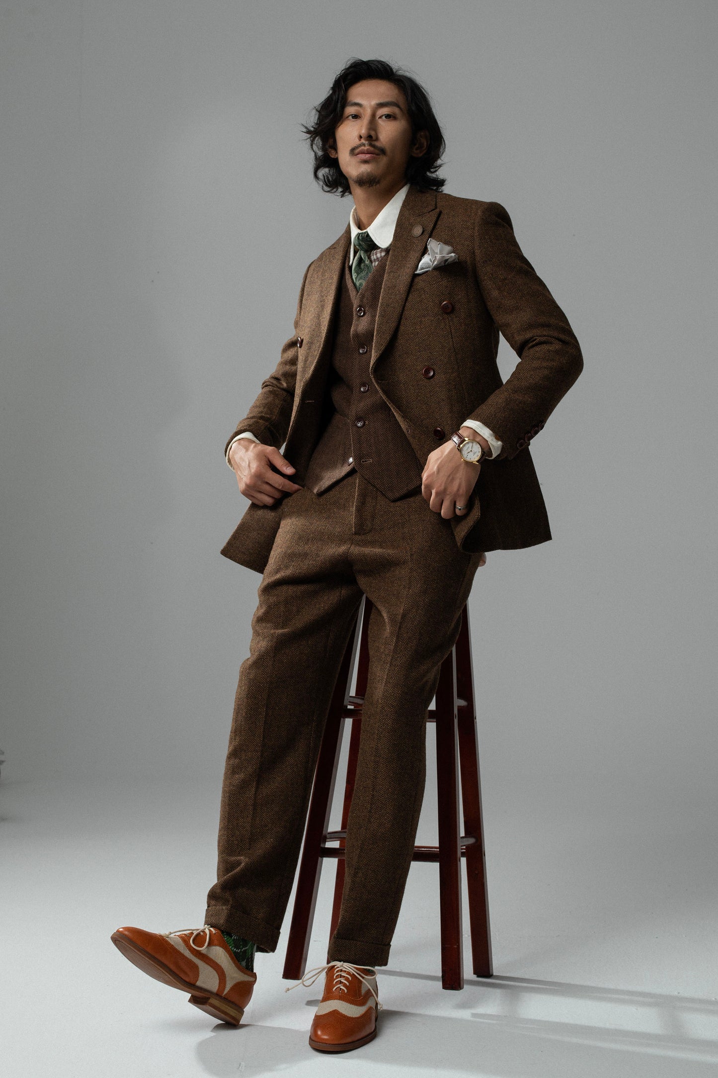 British retro style double-breasted suit for men wool herringbone pattern business casual slim-fit suit jacket