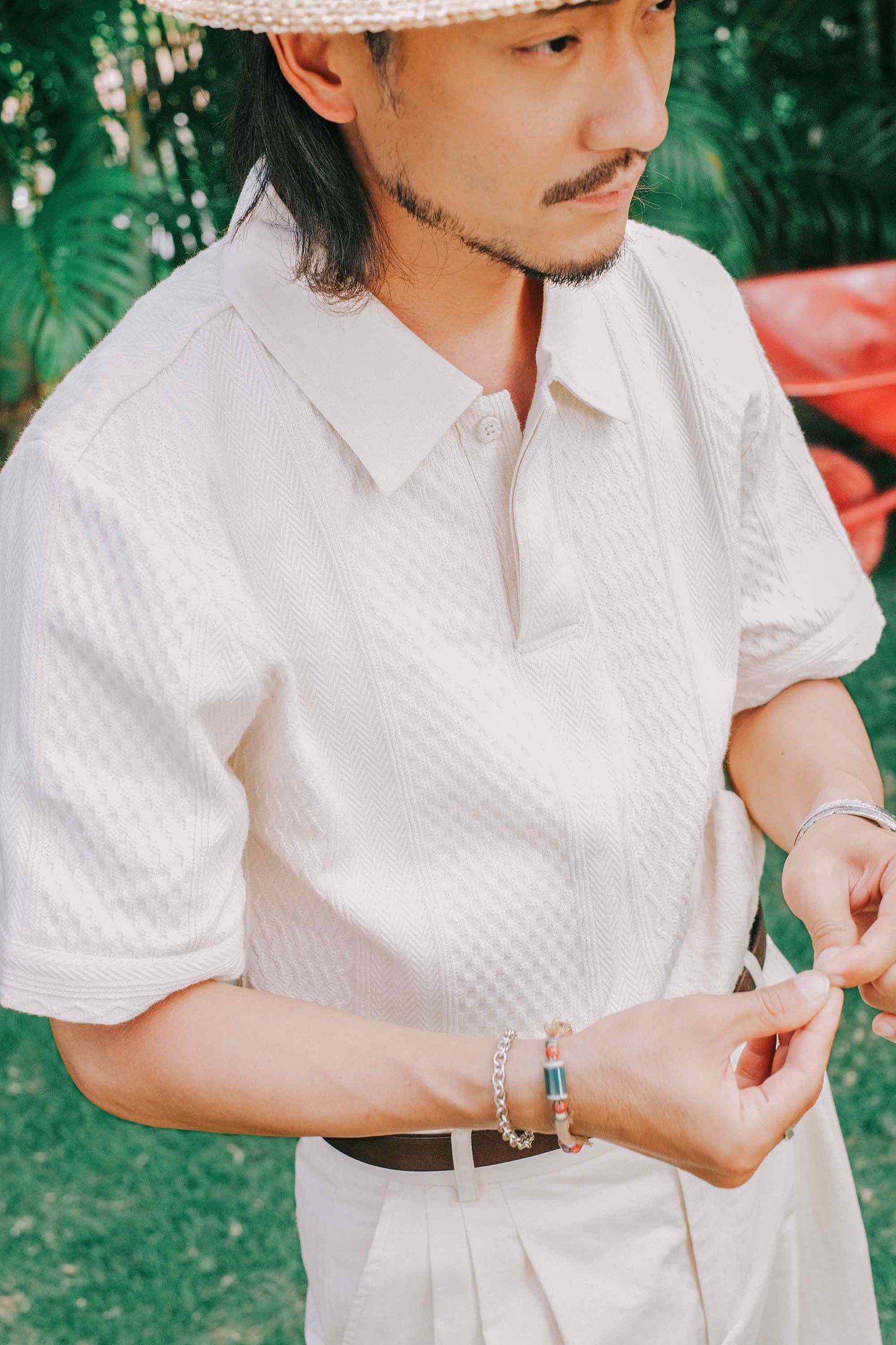 Retro style Italian knitted polo shirt men's summer water ripple casual polo shirt lapel short-sleeved T-shirt