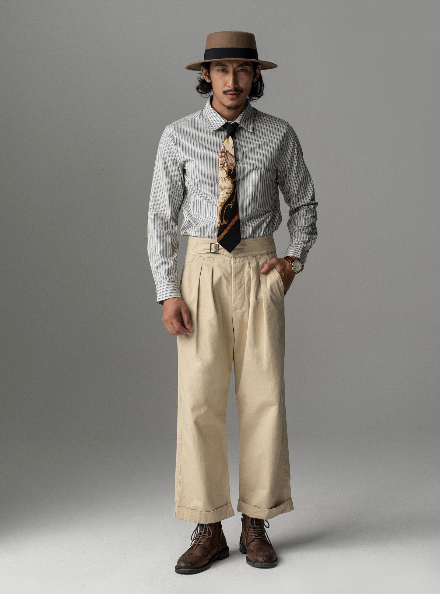 American retro style Gurga pants men's Naples high waist straight casual nine-point suit pants