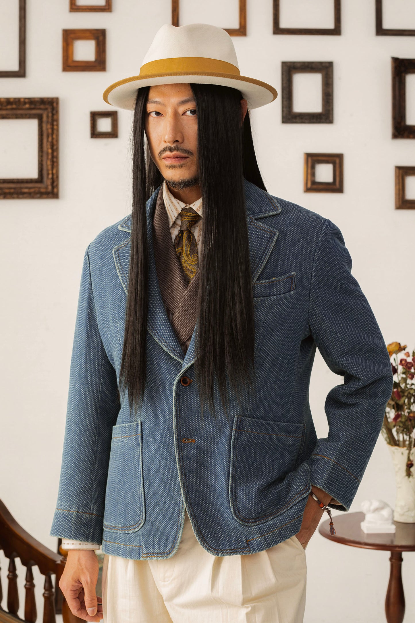 Waffle American retro denim suit jacket for men High-end casual slim-fit single suit
