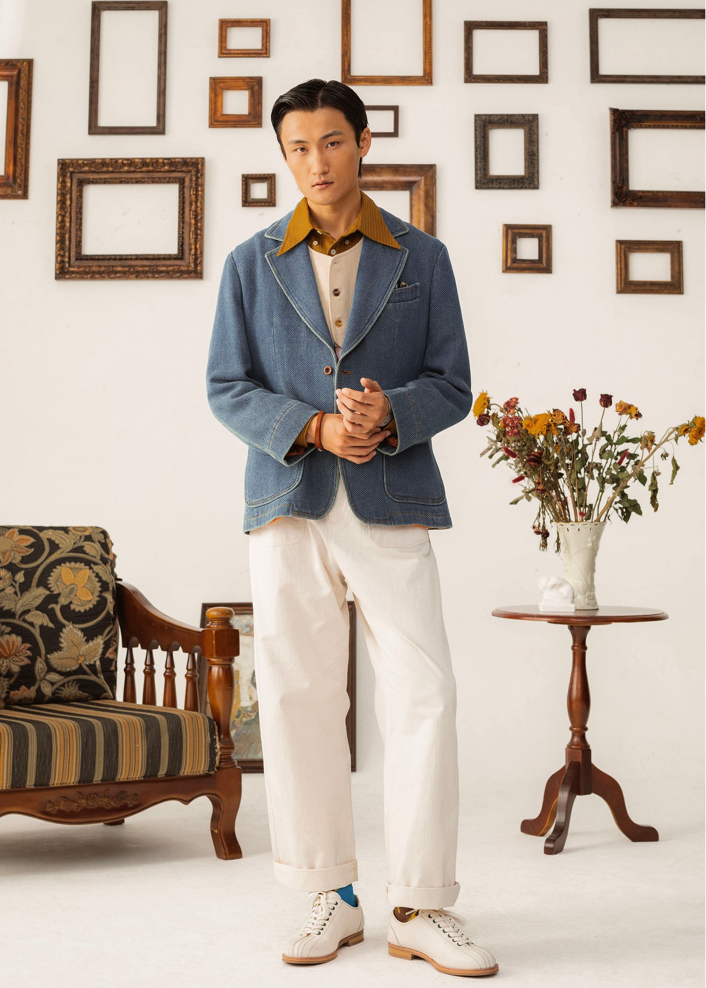Waffle American retro denim suit jacket for men High-end casual slim-fit single suit