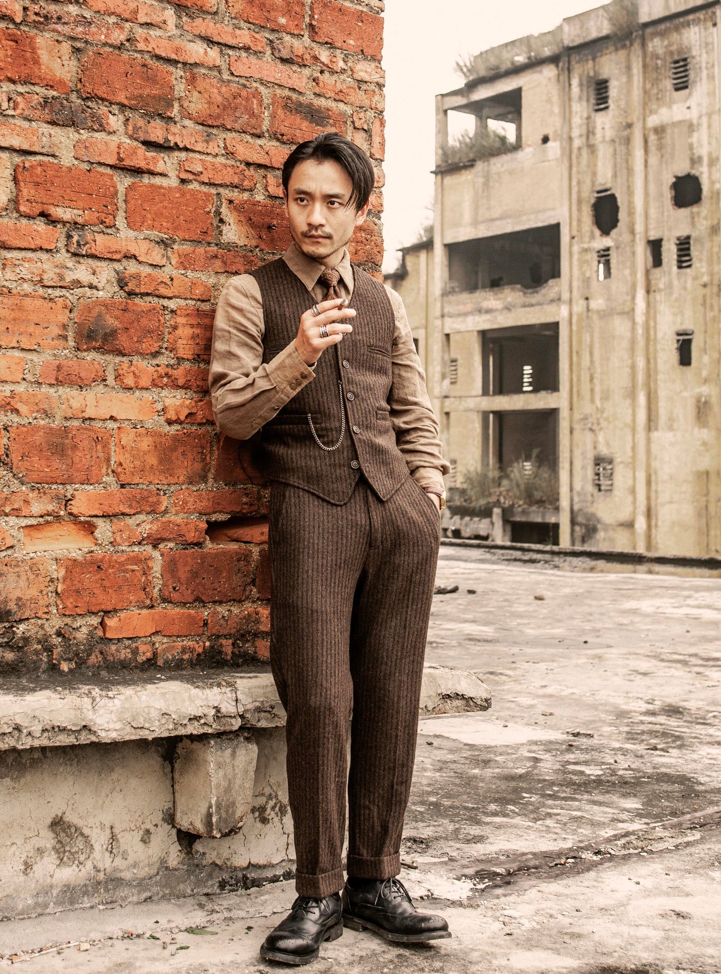 British retro wool trousers for men, vintage striped tweed casual straight-leg nine-point trousers