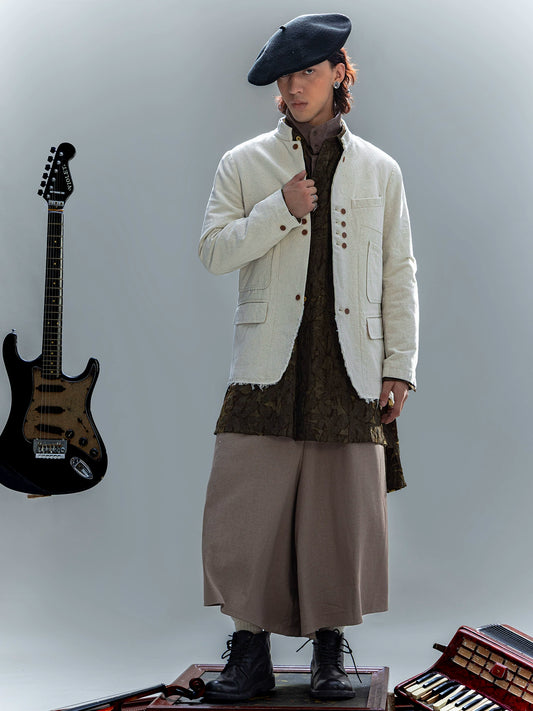 SOAIRN独立复古立领棉麻西装外套男 新中式双排扣毛边休闲单西服