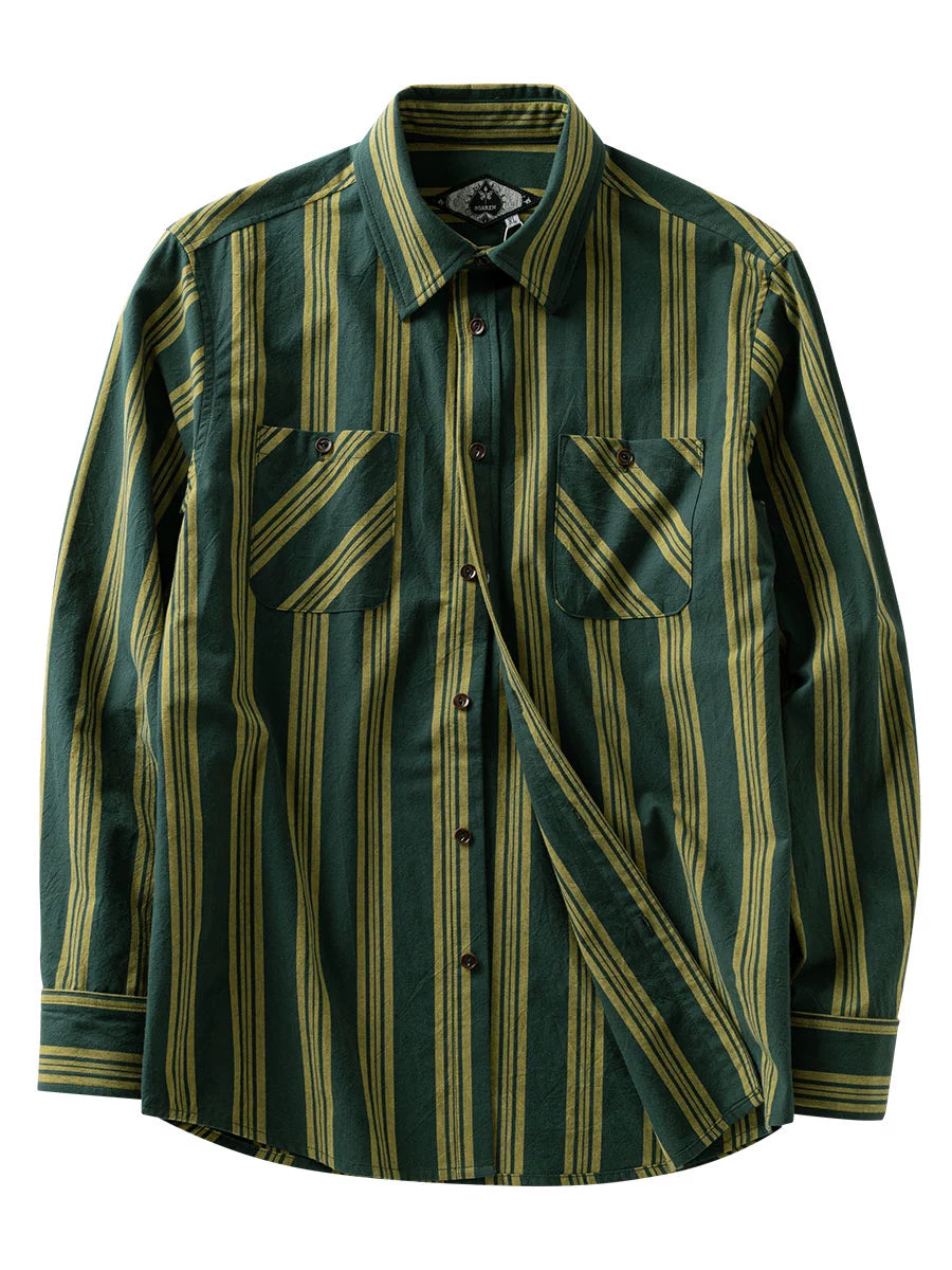 Soarin Workwear Green Striped Long-Sleeve Shirt Casual Double-Pocket Loose-Fit Cotton-Linen Blend Shirt