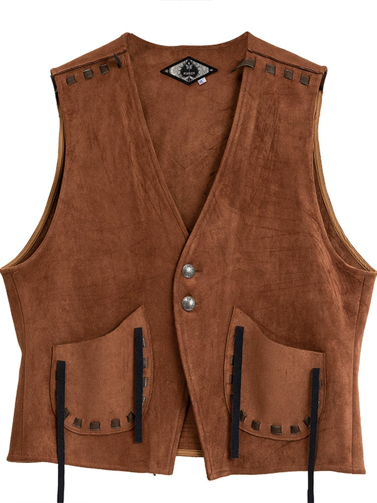 Soarin Western-Style Suede Vest Retro Indian-Inspired Distressed Hunting Jacket Suede Vest