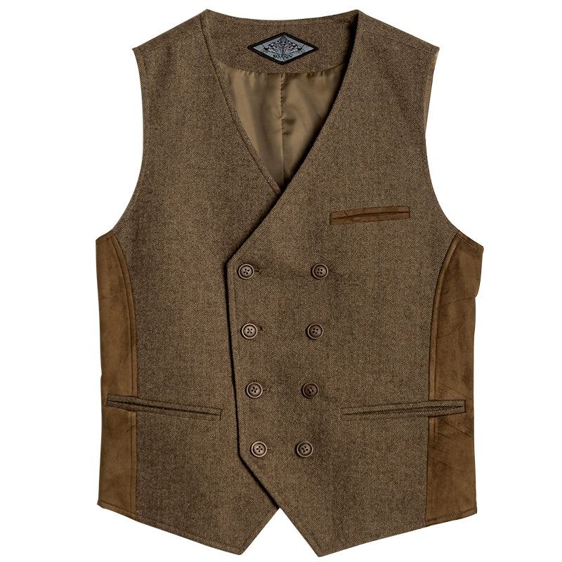 Soarin British Vintage Double-Breasted Suit Vest Wool Blend Patchwork Business Casual Slim-Fit Vest