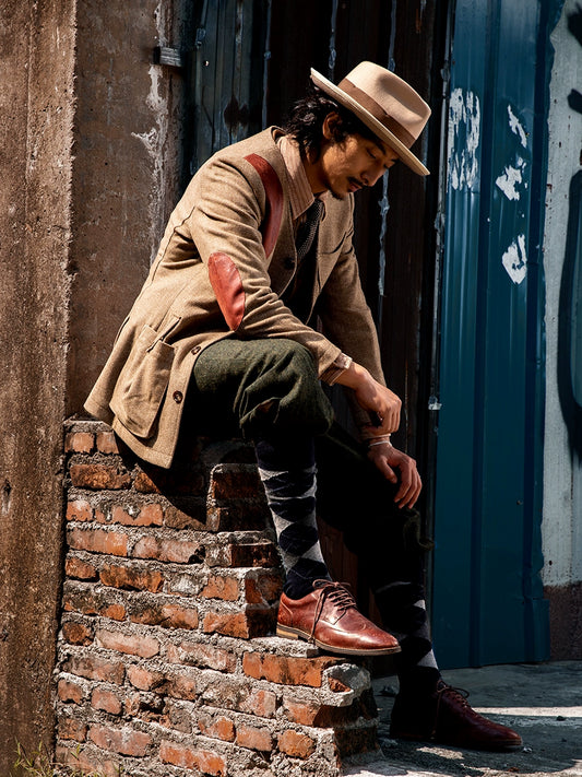 SOARIN英伦风复古人字纹毛呢夹克男 Vintage古着感拼接多口袋外套