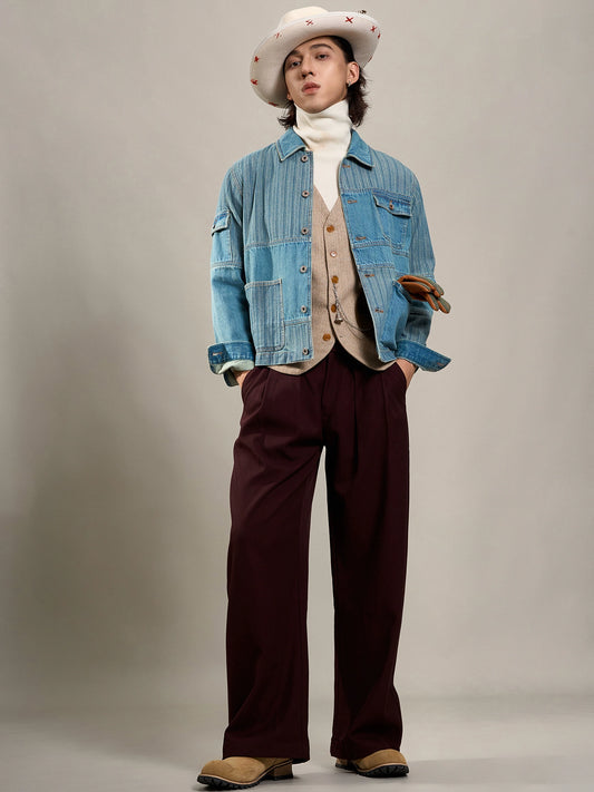 SOARIN美式复古拼接牛仔夹克男 阿美咔叽多口袋功能工装条纹外套