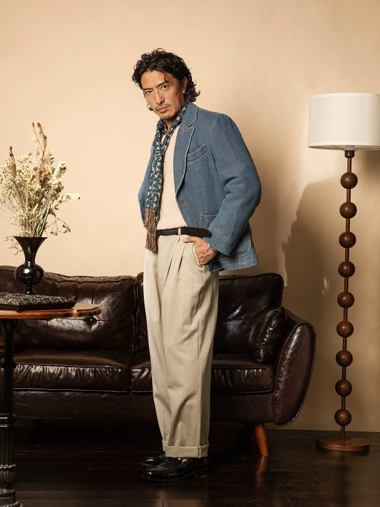 SOARIN复古老钱风牛仔西装外套男华夫格洗水蓝休闲青年痞帅单西服