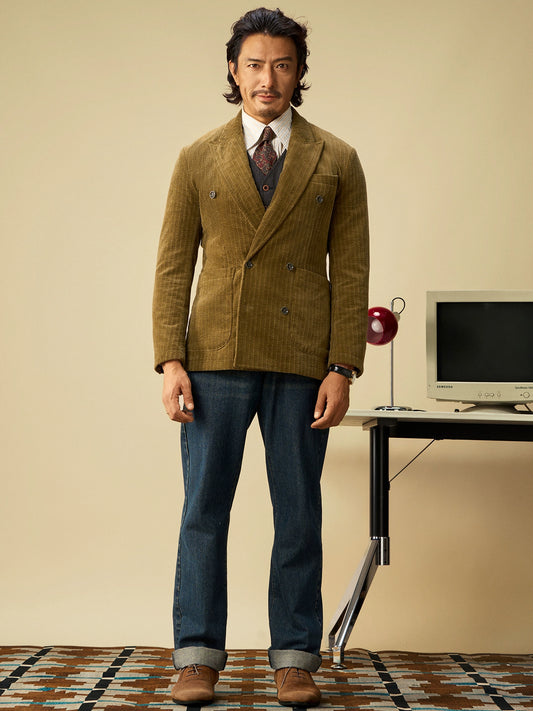 SOARIN英伦风复古灯芯绒西装外套男 老钱风双排扣条纹商务单西服