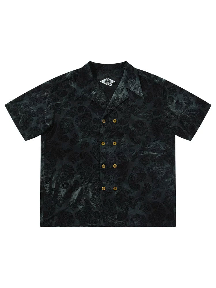 SOARIN Vintage Jacquard Paisley Double-Breasted Cuban Collar Short Sleeve Shirt JITZ2426C244