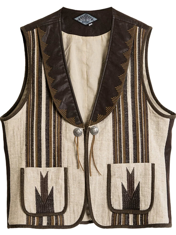 SOARIN American Retro Regular Fit Cotton Linen and Faux Leather Vest Z223B659