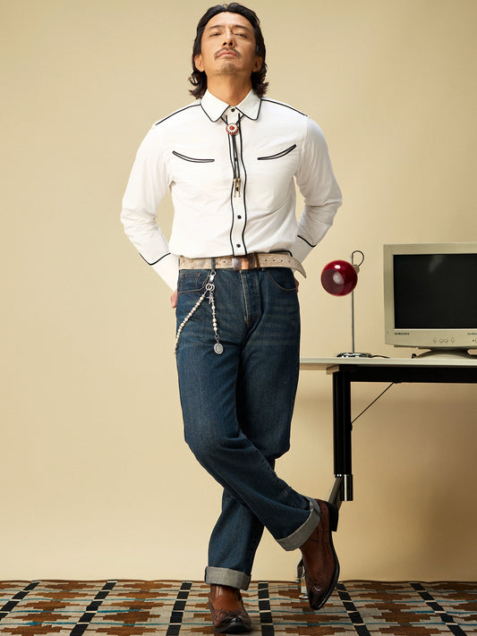 SOARIN美式复古西部风工装长袖衬衫男重磅阿美咔叽休闲设计感衬衣