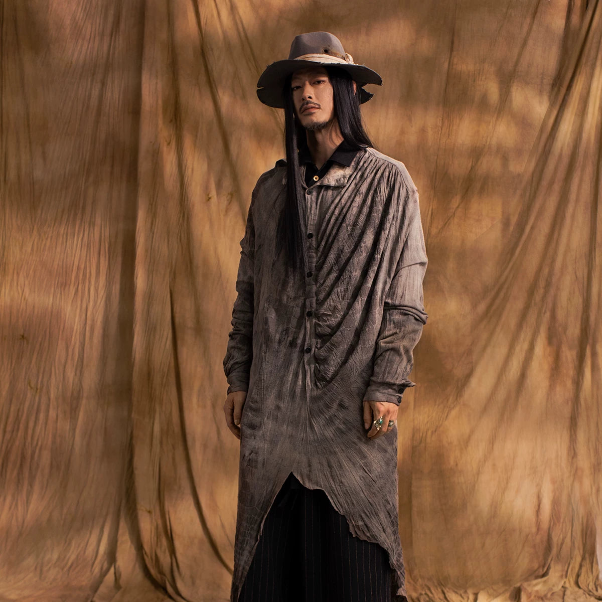 SOARIN Gai Yu Xia Series Asymmetric Draped Tie-Dyed Crinkle Long Shirt DCZ233TC146