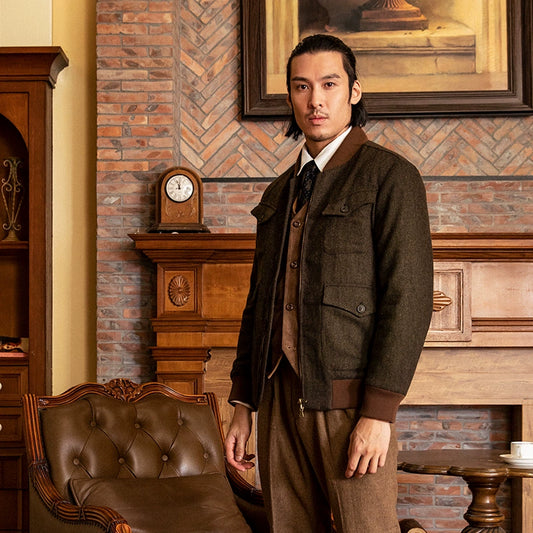 SOARIN英伦风复古毛呢夹克外套男 Vintage古着感粗花呢休闲棒球服