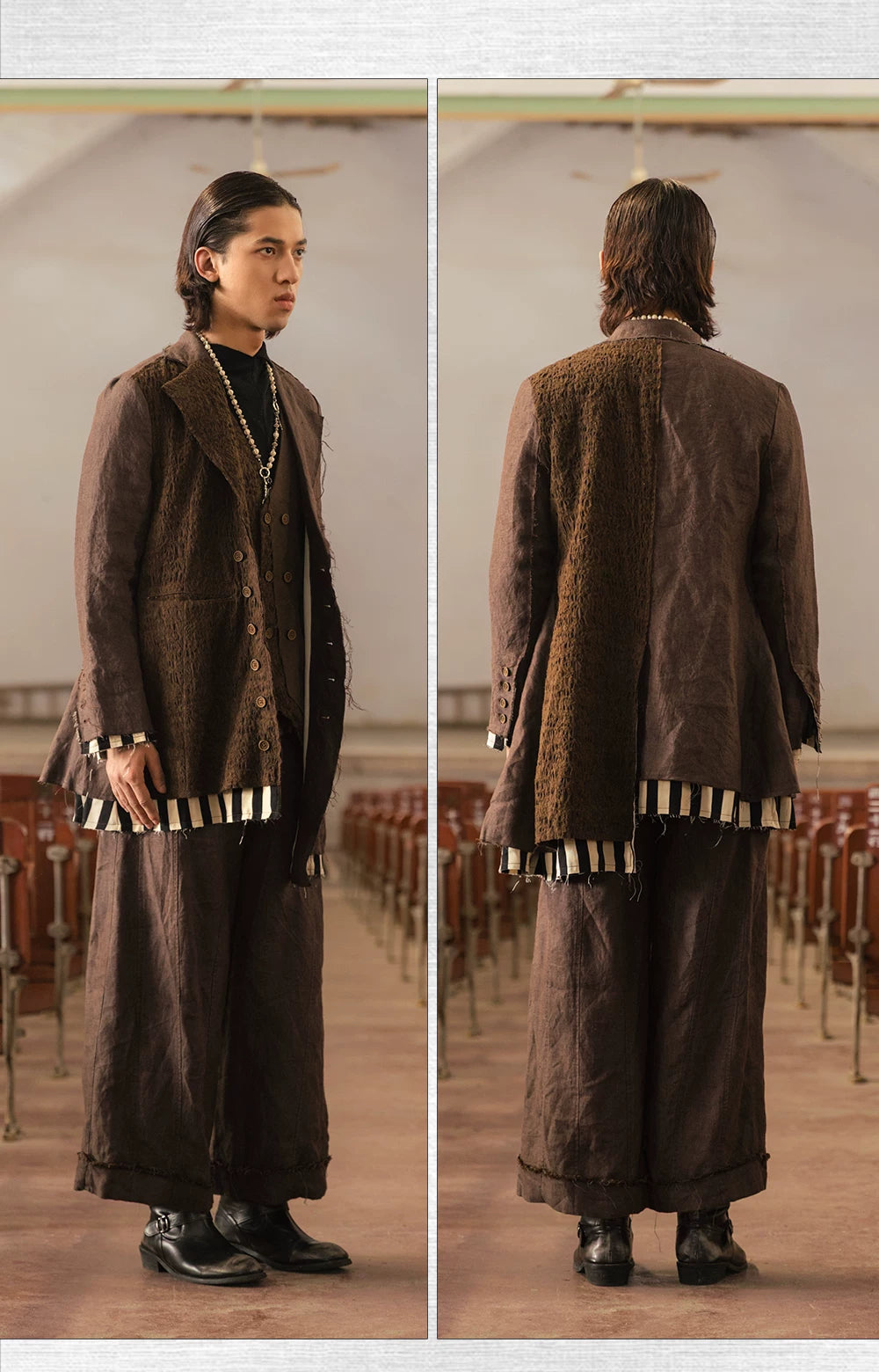 SOARIN Gai Yu Xia Series Relaxed Fit Linen Hemp Blend Asymmetric Patchwork Long Overcoat DCZ253TXZ129