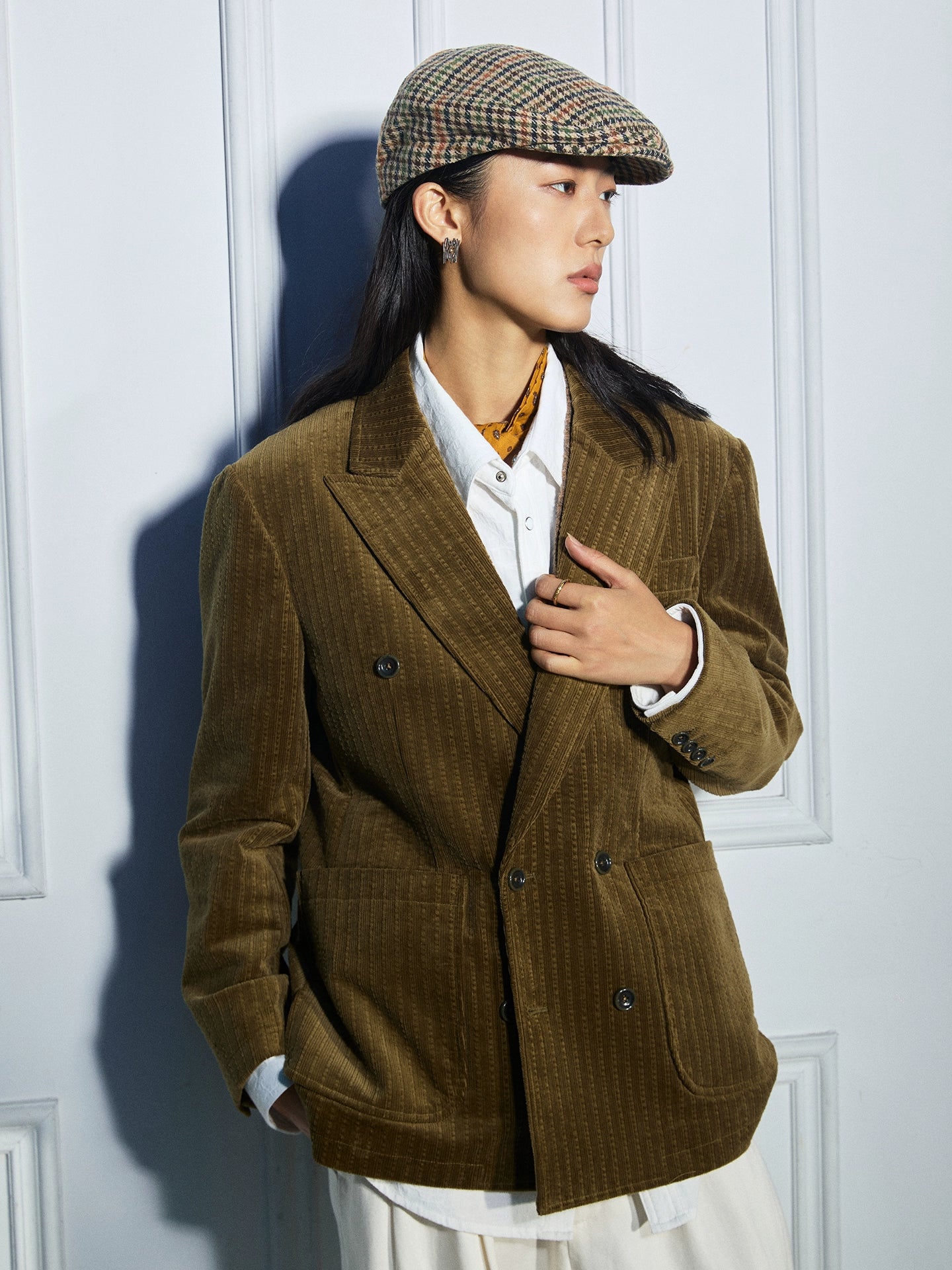 SOARIN英伦风复古灯芯绒西装外套男 老钱风双排扣条纹商务单西服