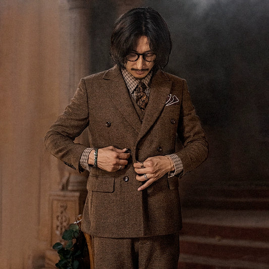 SOARIN英伦复古双排扣西服男 羊毛呢人字纹商务休闲修身西装外套