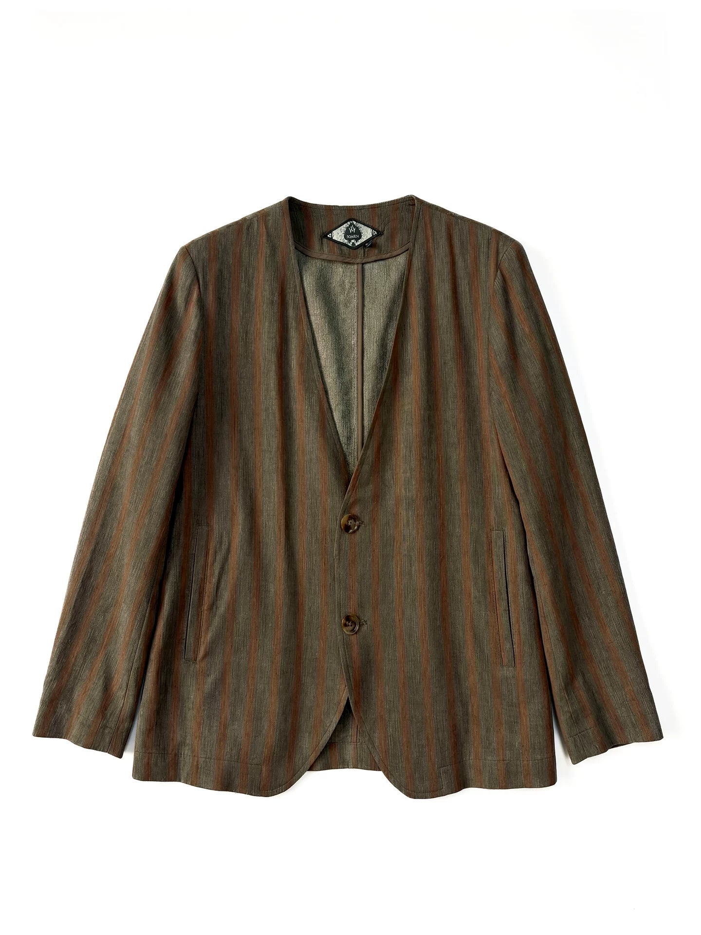 SOARIN Amekaji Vintage Loose Fit Striped Linen Blend Collarless Blazer Jacket JITZ262TXZ136