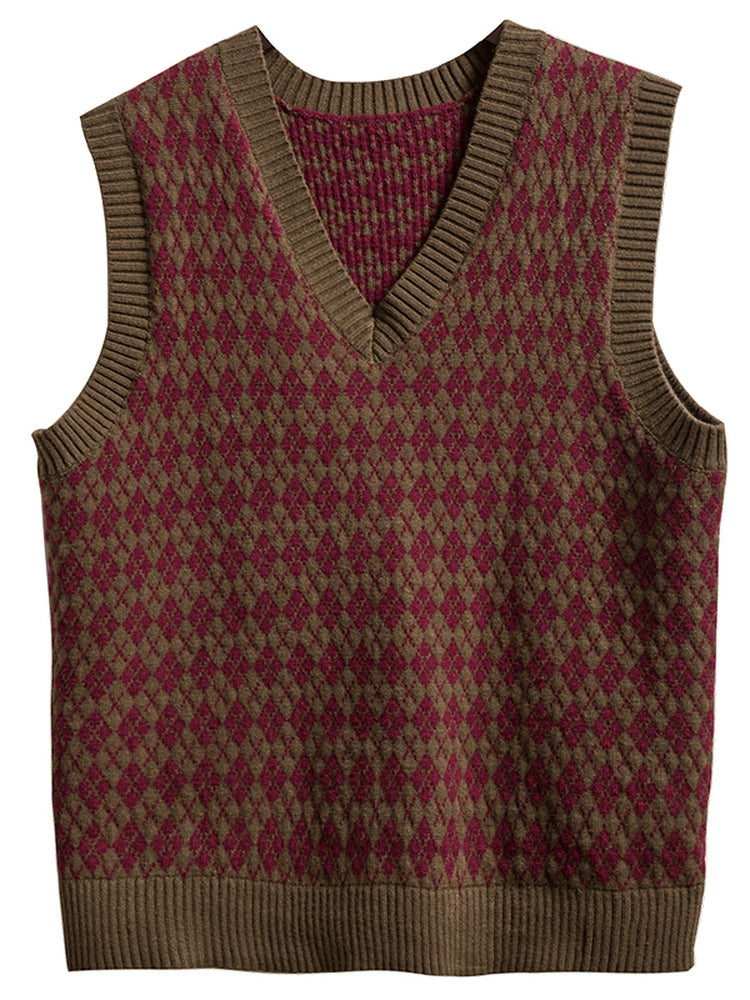Soarin Old Money Diamond Fair Isle Jacquard Knit Sweater Vest