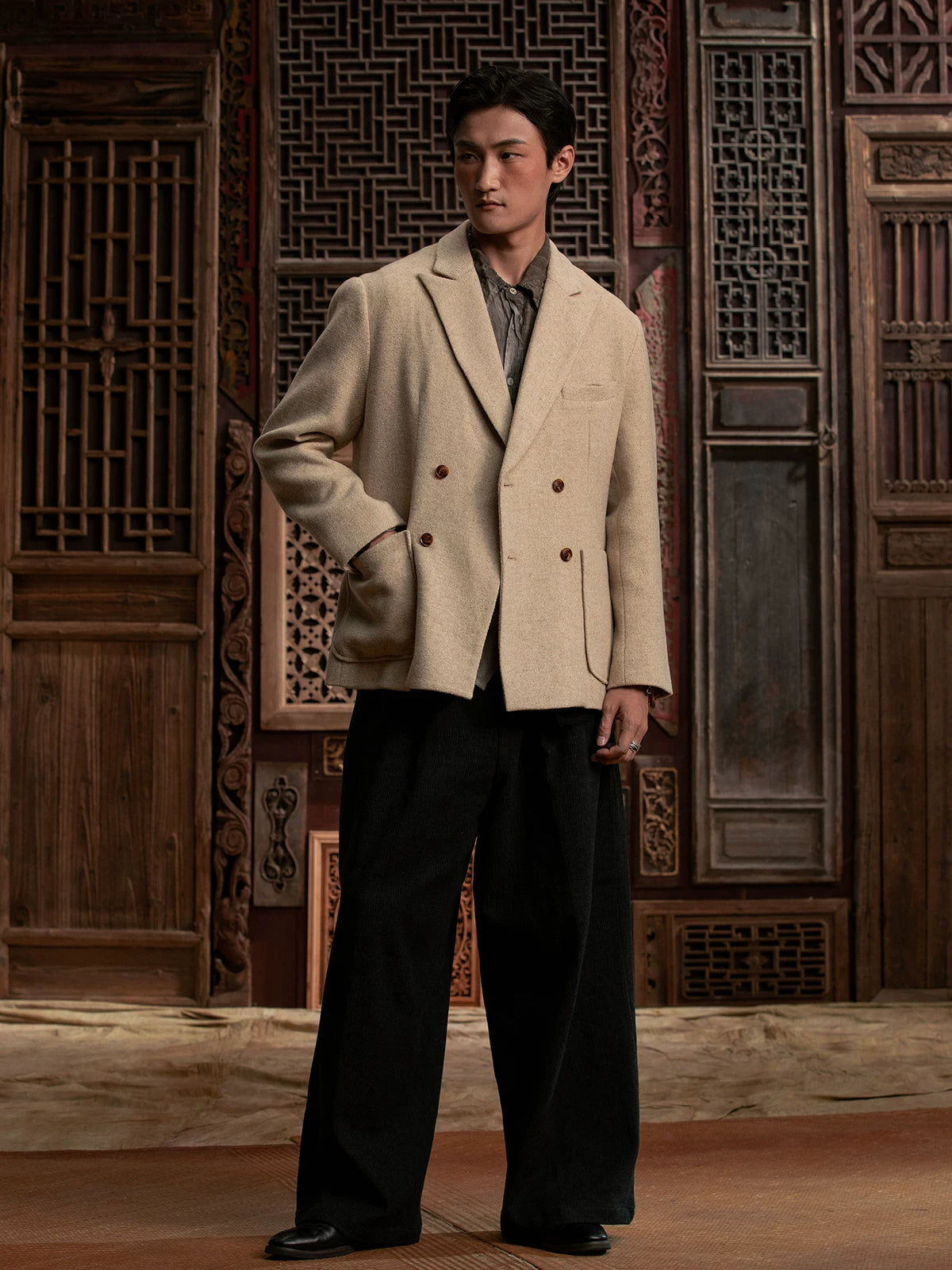 SOARIN WORLD Gai Yu Xia Heritage Series Relaxed Fit Wool Blend Double-Breasted Blazer DCZ233TXZ23