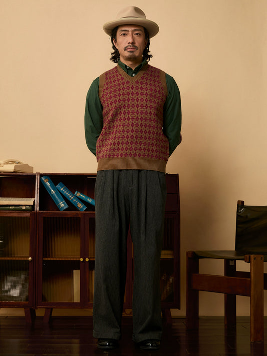 SOARIN复古老钱风菱格费尔岛毛衣背心男 英式提花针织衫马甲坎肩