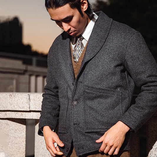 SOARIN Gentleman Classic Fit Salt-and-Pepper Tweed Wool Shawl Collar Jacket Z223J625