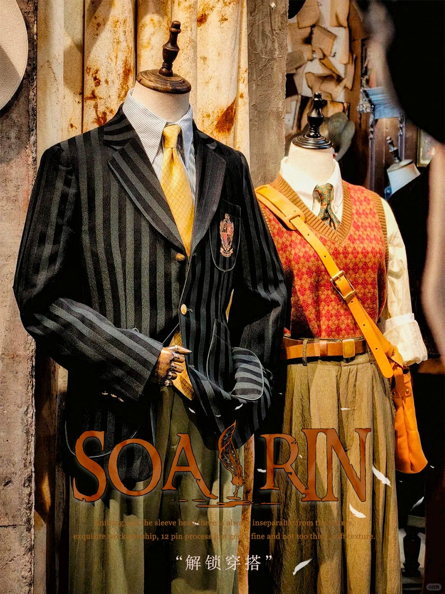 Soarin Ivy Check Double-Breasted Badge Campus-Style Wool Suit Blazer