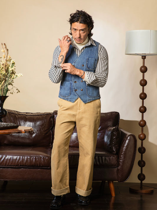 SOARIN英式复古水洗蓝牛仔马甲背心男 双排扣阿美咔叽休闲小马夹