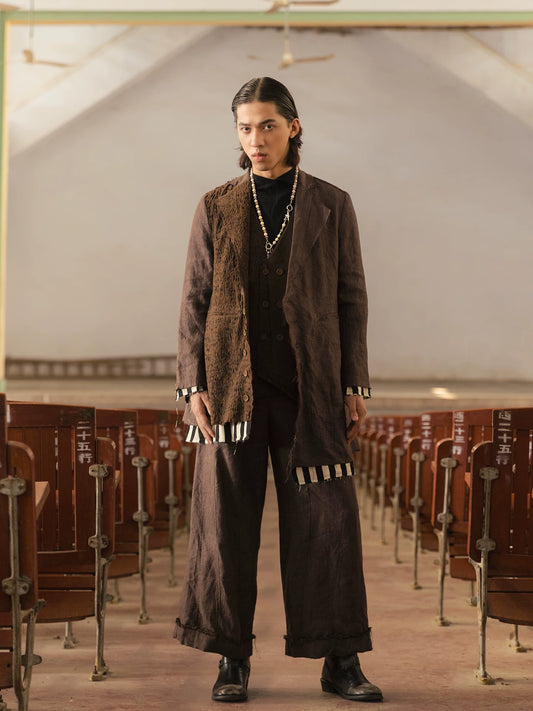 SOARIN Gai Yu Xia Series Relaxed Fit Linen Hemp Blend Asymmetric Patchwork Long Overcoat DCZ253TXZ129