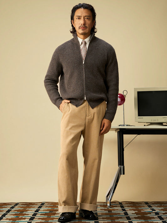 SOARIN复古老钱风拉链半高领毛衣外套男 厚款 罗纹针织毛线衣夹克