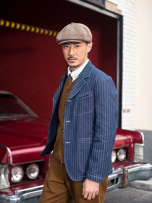 SOARIN美式复古条纹西装外套男 秋冬商务正装休闲牛仔单西服上衣