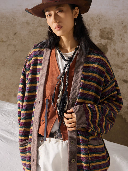 SOARIN Ivy Vintage Loose Fit Striped Knit Cardigan Sweater JITZ2538M22