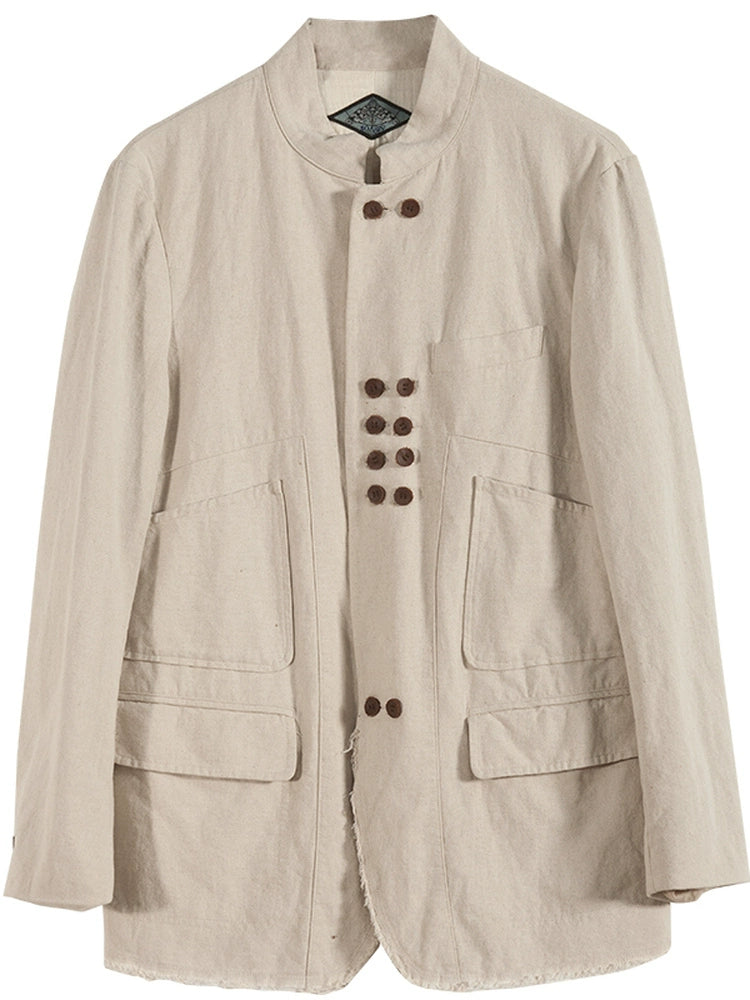 SOAIRN独立复古立领棉麻西装外套男 新中式双排扣毛边休闲单西服