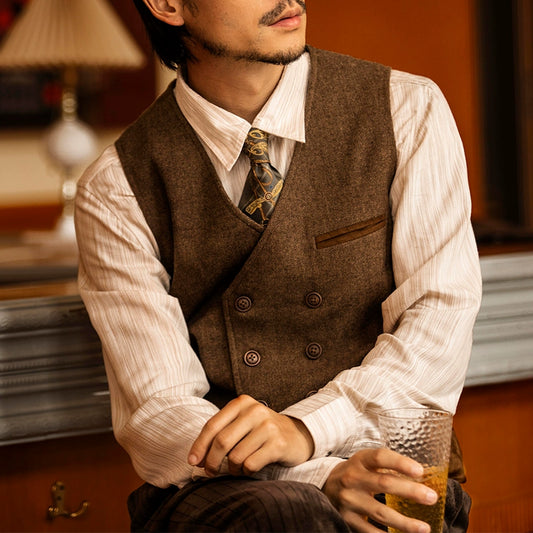 SOARIN英伦复古双排扣西装马甲男 毛呢拼接商务休闲修身马夹背心